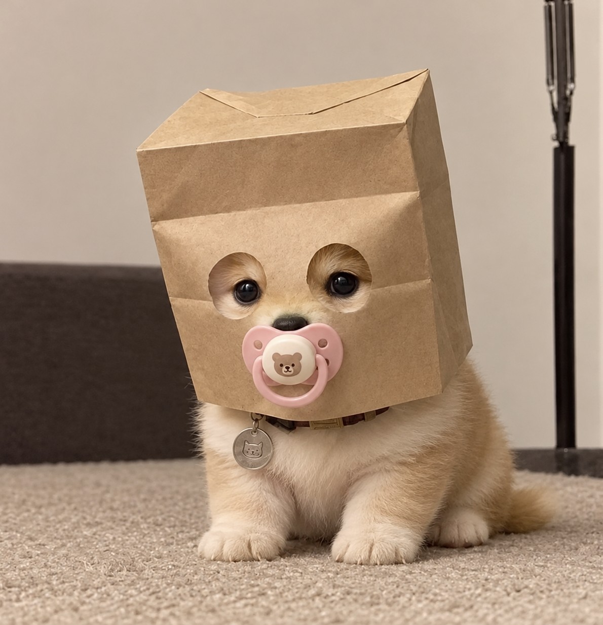 Full-body photo of Baby Anonymous Dog sitting on a carpet